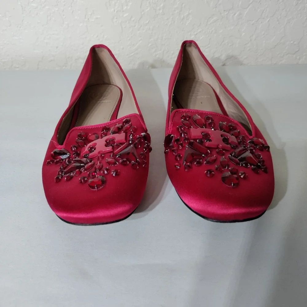 Tory Burch Red Satin Crystal Embellished Logo Loafers Smoking Flats